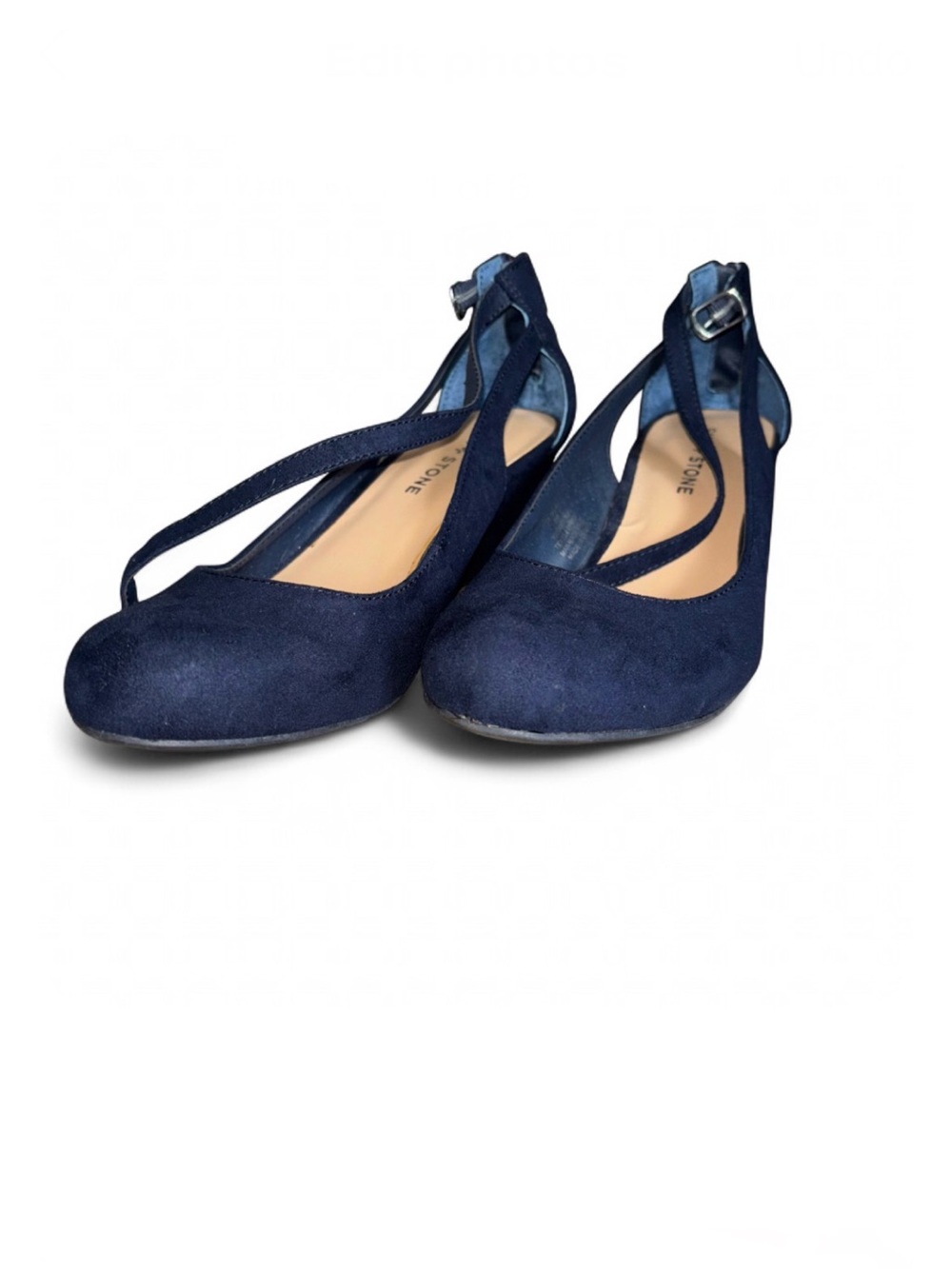 Sun + Stone size 8 Cross-Strap Navy Suede Flats with Ankle Buckle